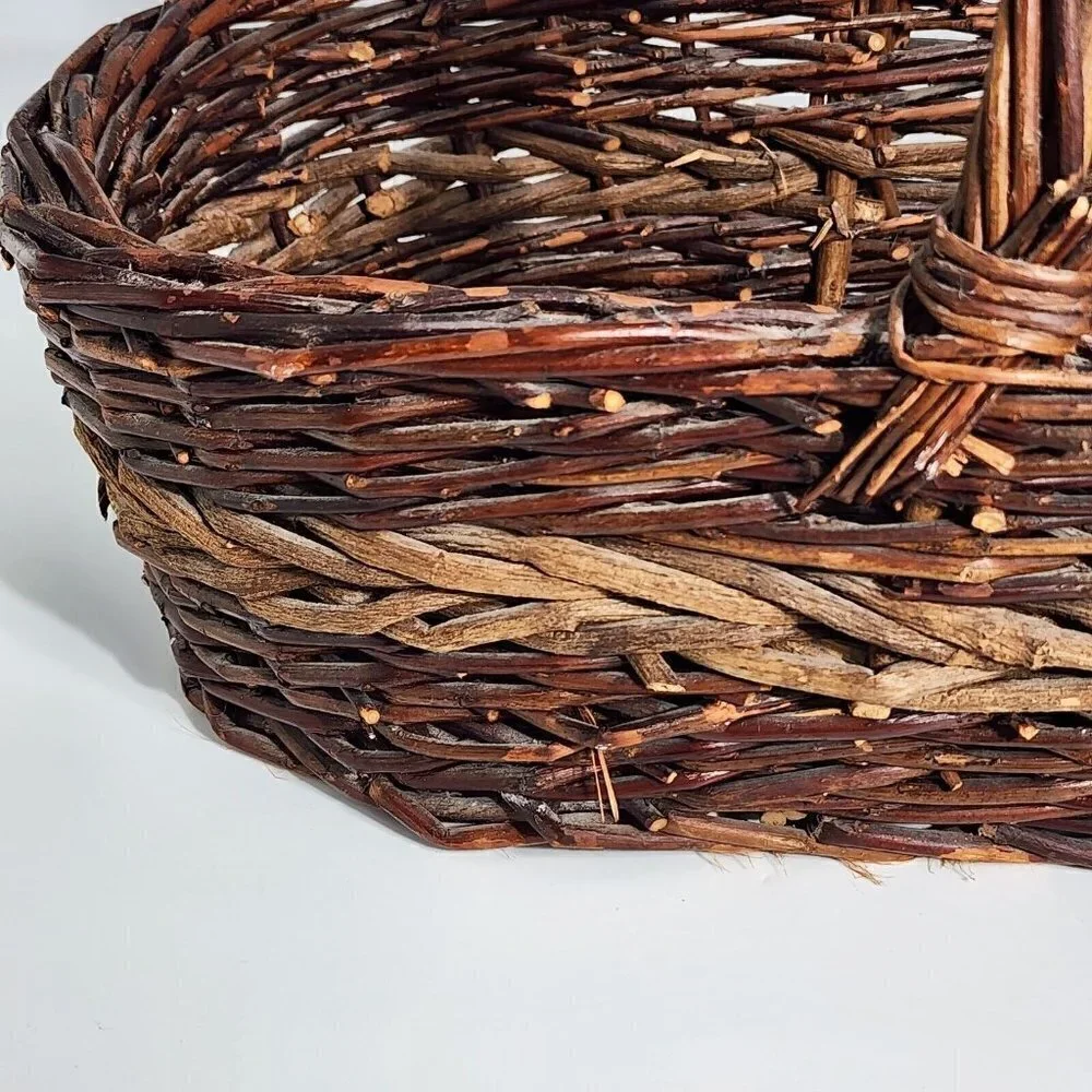 VTG Large Woven Rattan Twig Stick Gathering Basket with Handle Two Toned Brown